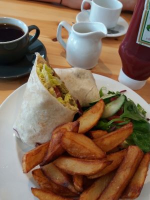 Falafel wrap with chunky chips at Vegan All Sorts in Saltaire