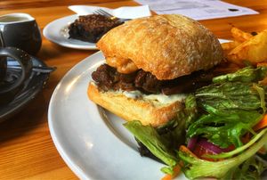 Seitan steak in ciabatta and Oreo tiffin.  at Vegan All Sorts in Saltaire