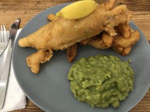 Banana blossom “fish” and chips with mushy peas.  at Vegan All Sorts in Saltaire