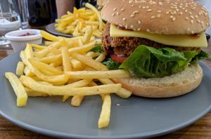 Seitan 'chicken' burger and fries at Vegan All Sorts in Saltaire