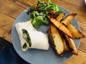 Bhaji wrap and wedges 👌🏻 at Vegan All Sorts in Saltaire