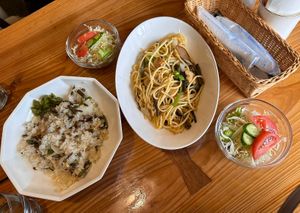 Wild vegetables fried rice and stir fried spaghetti  at Bell Cafe in Nikko