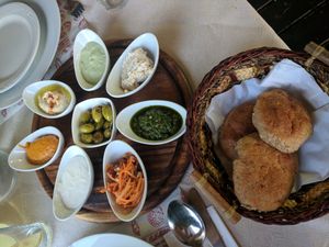 Variety of homeade spreads and dips served with fresh bread at El Galil in Amirim