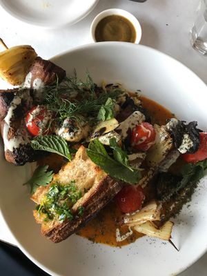 King Oyster Mushroom Kabobs with Rice Pilaf and Carrot Purée  at Elf Cafe in Los Angeles