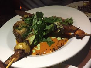 Kabobs w/Spicy Carrot Purée  at Elf Cafe in Los Angeles