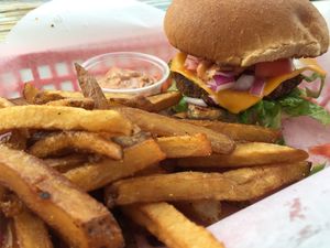 Soft launch classic burger with fries  at E Burger in Columbus