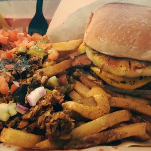 The Hawaiian Burger with Loaded Fries at E Burger in Columbus