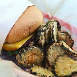 Eden Burger with Fried Pickles at E Burger in Columbus