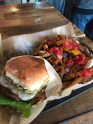 California burger with loaded fries at E Burger in Columbus