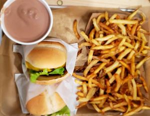 Burger, fries, shake at E Burger in Columbus