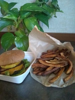 Hawaiian Burger and fries at E Burger in Columbus