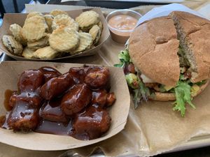 Bbq nuggets, burger, fried pickles  at E Burger in Columbus