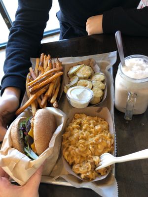EDEN burger, Mac and cheese, fries, fried pickles and a chocolate milkshake  at E Burger in Columbus