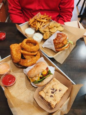 eden burger with onion rings and a s’mores blonde, and the bbq western burger (on a pretzel bun) with fried pickles and fries!  so yum!!! at E Burger in Columbus