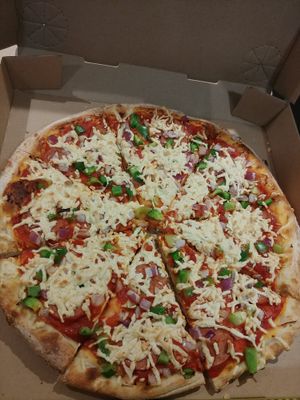 Vegan Pepperoni pizza no olives added garlic at Panago Pizza in Port Alberni