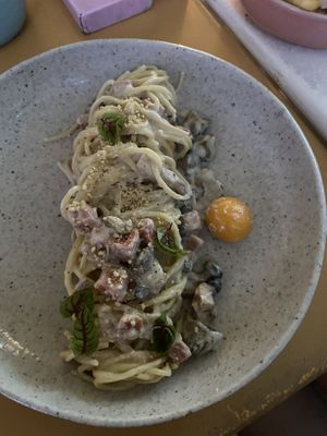 Carbonara with tomato/carrot yolk  at Kynd Community - Seminyak in Seminyak