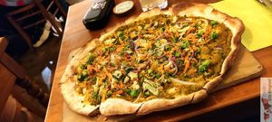 LA POTAGETTE(vegan)

(Pea cream and pesto, garlic,shallots, onions,vegetablesof the moment) at La Cour des Anges in Colmar