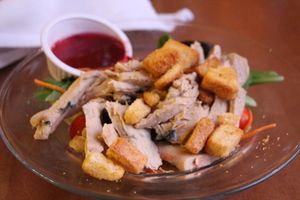 Salad with gardein chicken at Obsidian Dining Room @ Old Faithful Snow Lodge in Yellowstone National Park
