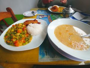 Soup and main dish at Comedor Vegetariano in Cusco