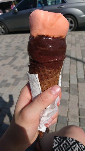 Half eaten blood orange and dark chocolate sorbet, sorry couldn't resist! at E Cosi Gelateria in Paphos