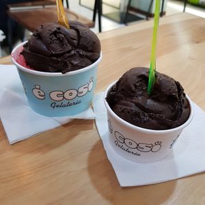 Dark choc and strawberry sorbet at E Cosi Gelateria in Paphos