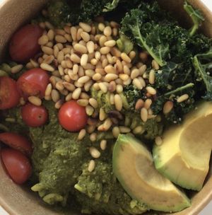 Crazy, delicious pesto pasta … generous servings of everything  at Buddha Bowl Cafe in Newtown