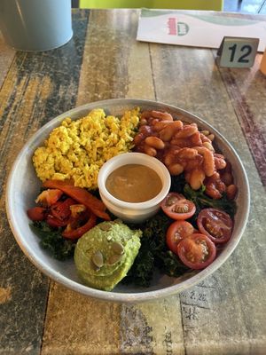 Breakfast burrito in a bowl  at Buddha Bowl Cafe in Newtown