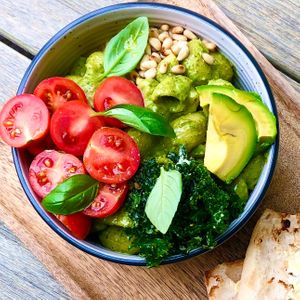 Pesto Pasta Bowl at Buddha Bowl Cafe in Newtown