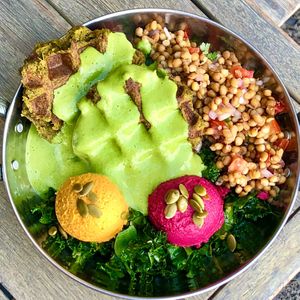 Bedouin Bowl (AKA the falafel waffle bowl) at Buddha Bowl Cafe in Newtown
