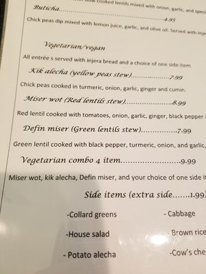 Menu at Taste of Ethiopia in Greensboro