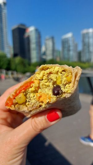 With 'egg', 'meat', beans, corn and veggies at Glory Juice - Coal Harbor in Vancouver