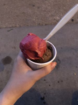 Berry sorbet on top and chocolate on bottom. at Coneflower Creamery in Omaha