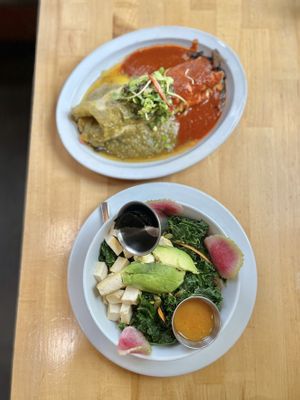 Vegan breakfast burrito + vegan Buddha Bowl  at Sweetwater Harvest Kitchen in Santa Fe