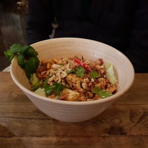 Vegan dish with boiled noodles at Chum Chay in Cologne
