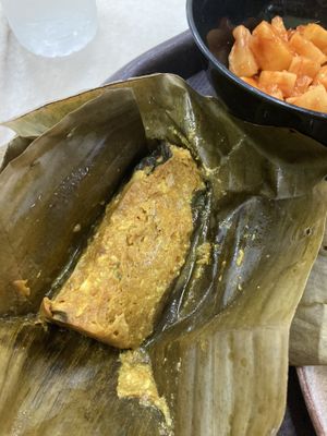 Otak Otak. Filled banana leaf. Inside. Delicious  at Evergreen Vegetarian House 长青素食之家 in Penang