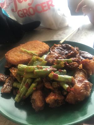 Hash brown, beans, tempe - all so delish!! at Evergreen Vegetarian House 长青素食之家 in Penang