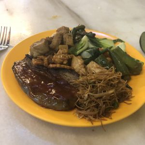Greens, mock meats, whole grain rice, noodles, sweet sour aubergine  at Evergreen Vegetarian House 长青素食之家 in Penang
