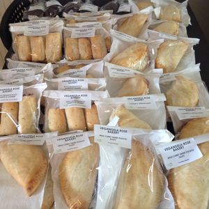 Bagged up and ready to go...spicycarrot and cashew sausage rolls ,almond feta,and cranberry chestnut roast,sweet potato curry pasty,cheese and onion, at Vegangela Rose Cakes in Cwmllynfell