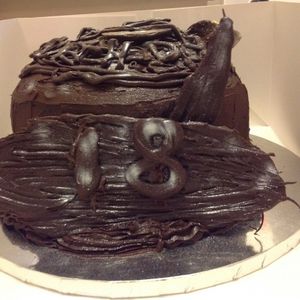 Rich chocolate birthday cake, at Vegangela Rose Cakes in Cwmllynfell