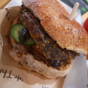 Lentil burger was nice. Needed more seasoning tho. at Cafe Thrive in Southampton