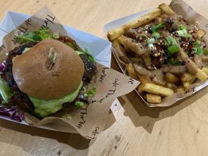 GF wholefood burger and satay fries  at Cafe Thrive in Southampton