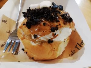 Chocolate and cream doughnut at Cafe Thrive in Southampton