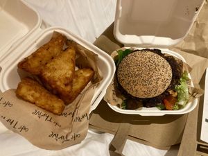 GF wholefood burger and hash browns   at Cafe Thrive in Southampton