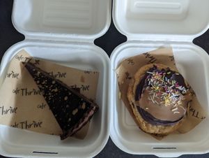 The most decadent, delicious sweet treats, zillionaire shortbread slice and a cookie sandwich.  at Cafe Thrive in Southampton