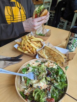 Meaty burger with chips
Garlic bread
Big thrive bowl  at Cafe Thrive in Southampton