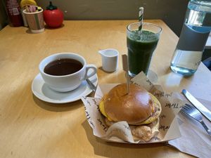 All Day Breakfast Bun with Super Green Smoothie  at Cafe Thrive in Southampton