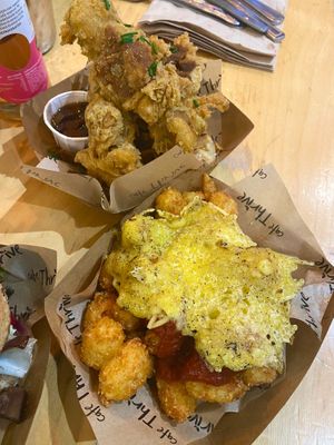 chicken and waffle,
pizza tots at Cafe Thrive in Southampton