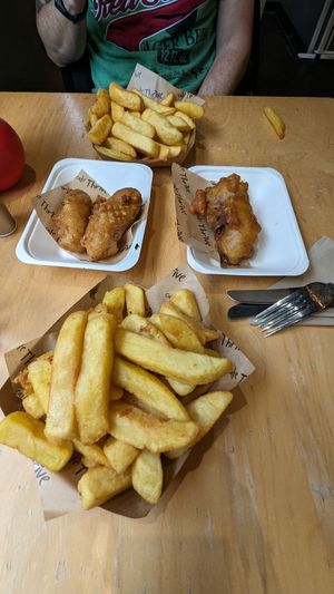 Chip shop specials week, battered sausage and battered "mars bar" at Cafe Thrive in Southampton