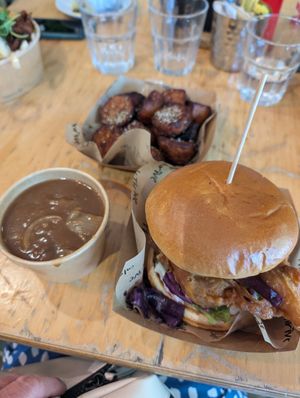 Christmas burger with rosemary salted roast potatoes and onion gravy 🤤 at Cafe Thrive in Southampton