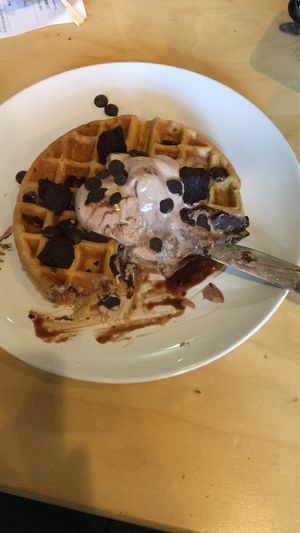 Waffles, ice cream, chocolate drops and chocolate brownies!! at Cafe Thrive in Southampton